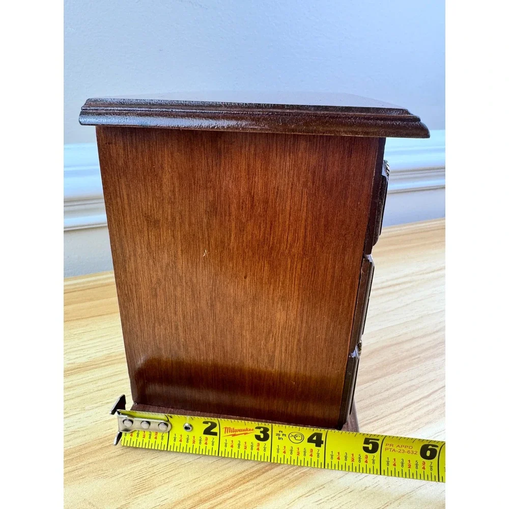 Vintage Wooden Jewelry Box Mini Dresser 2 Drawers Mirror Ring Storage Brown Glam